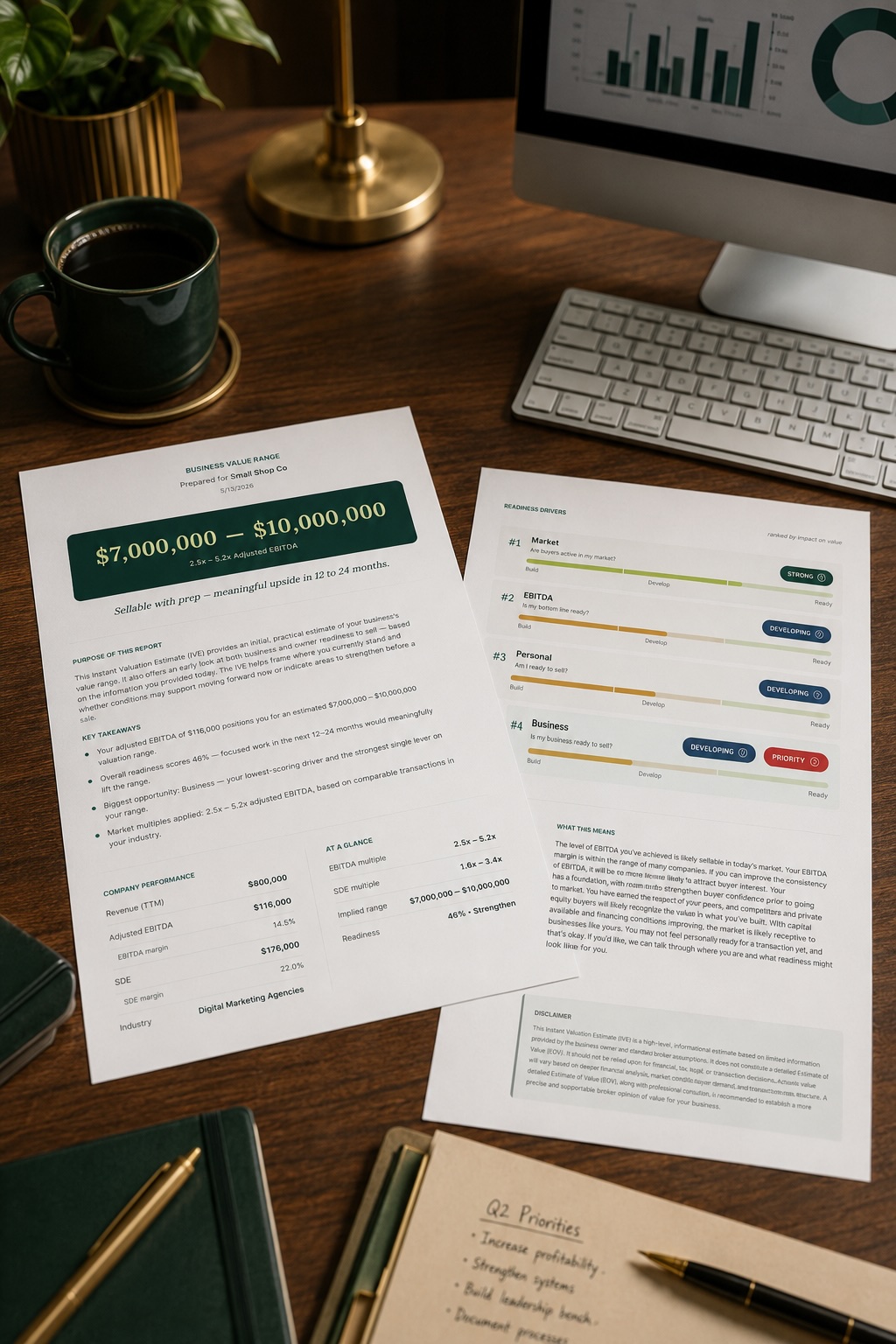 Sample KBA business valuation report laid out on a desk with a coffee mug and keyboard