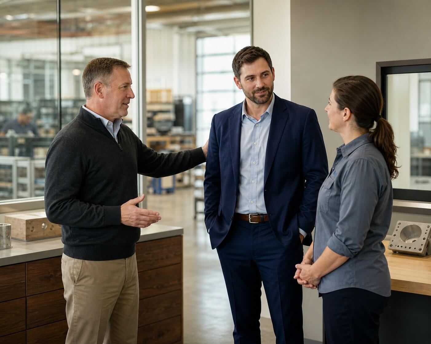Business seller introducing a new owner to staff during the post-sale transition period.