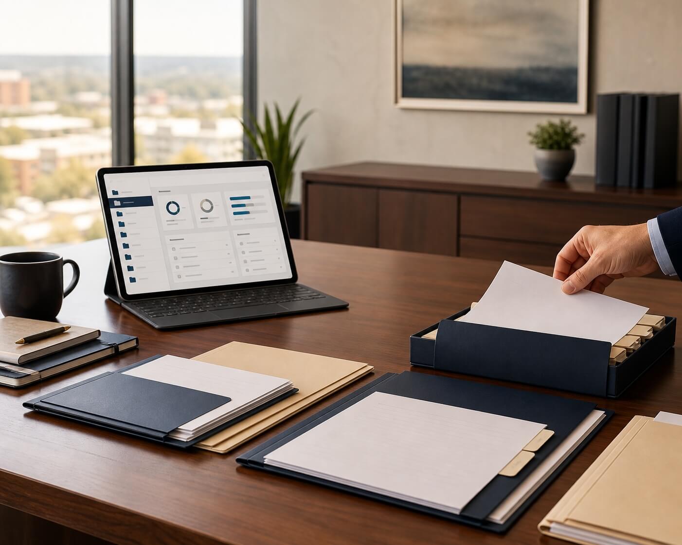 Organized due diligence documents and digital files prepared for a business sale review.