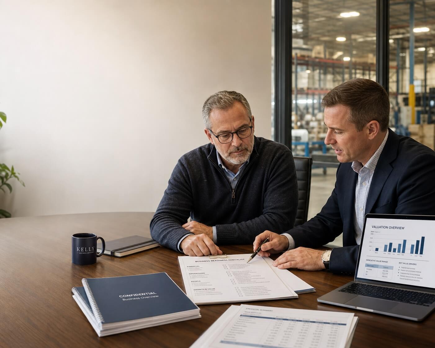 Business owner reviewing a sellability readiness checklist with an M&A advisor in a manufacturing office.