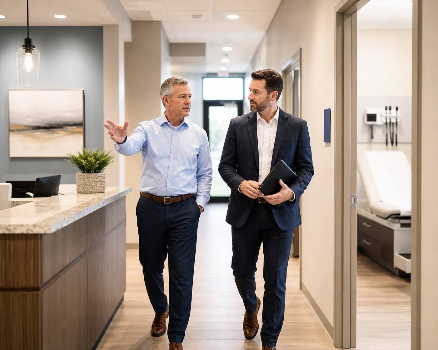 M&A advisor touring a healthcare business with an owner preparing the company for sale.