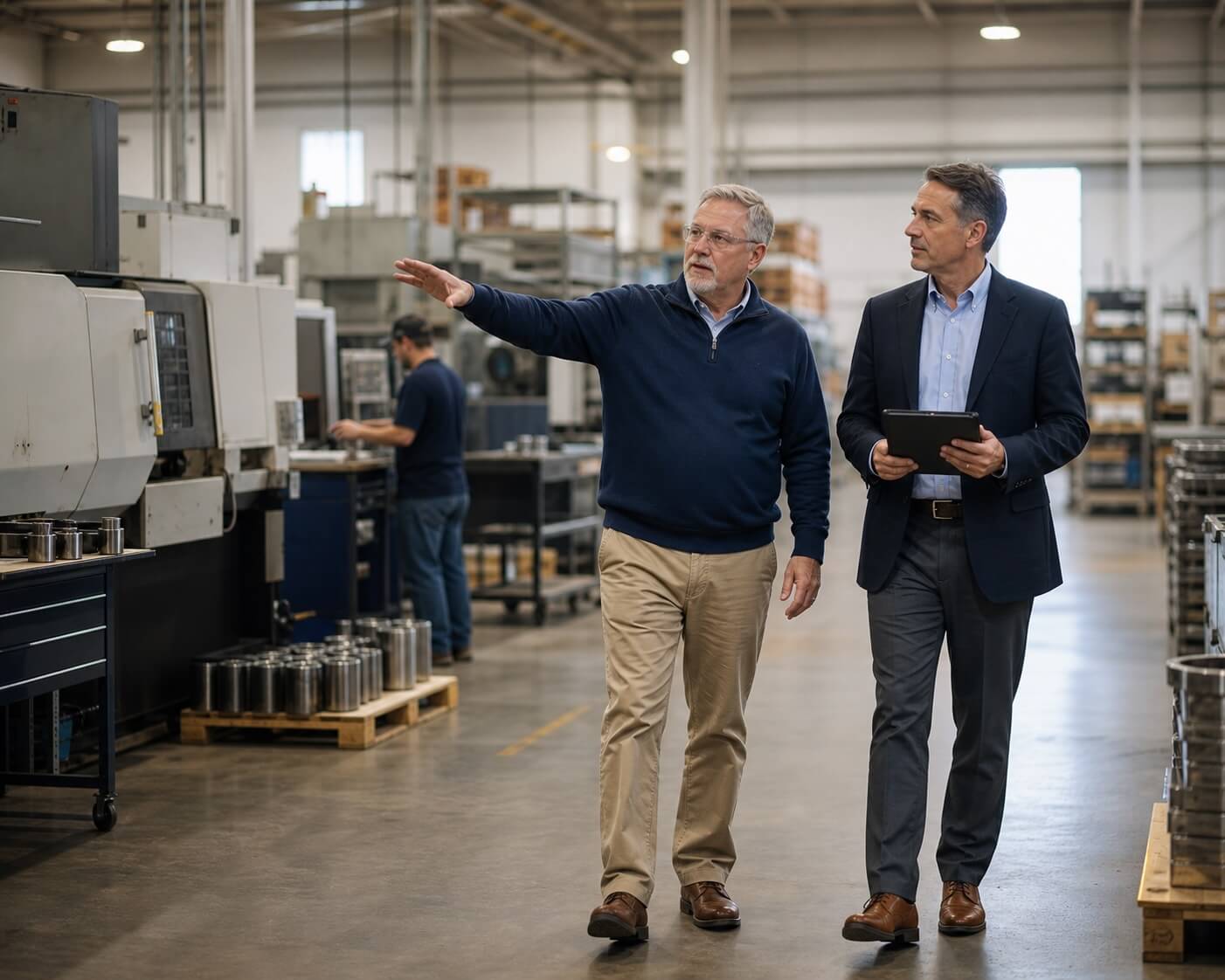 Manufacturing business owner touring a Midwest facility with an M&A advisor before selling.