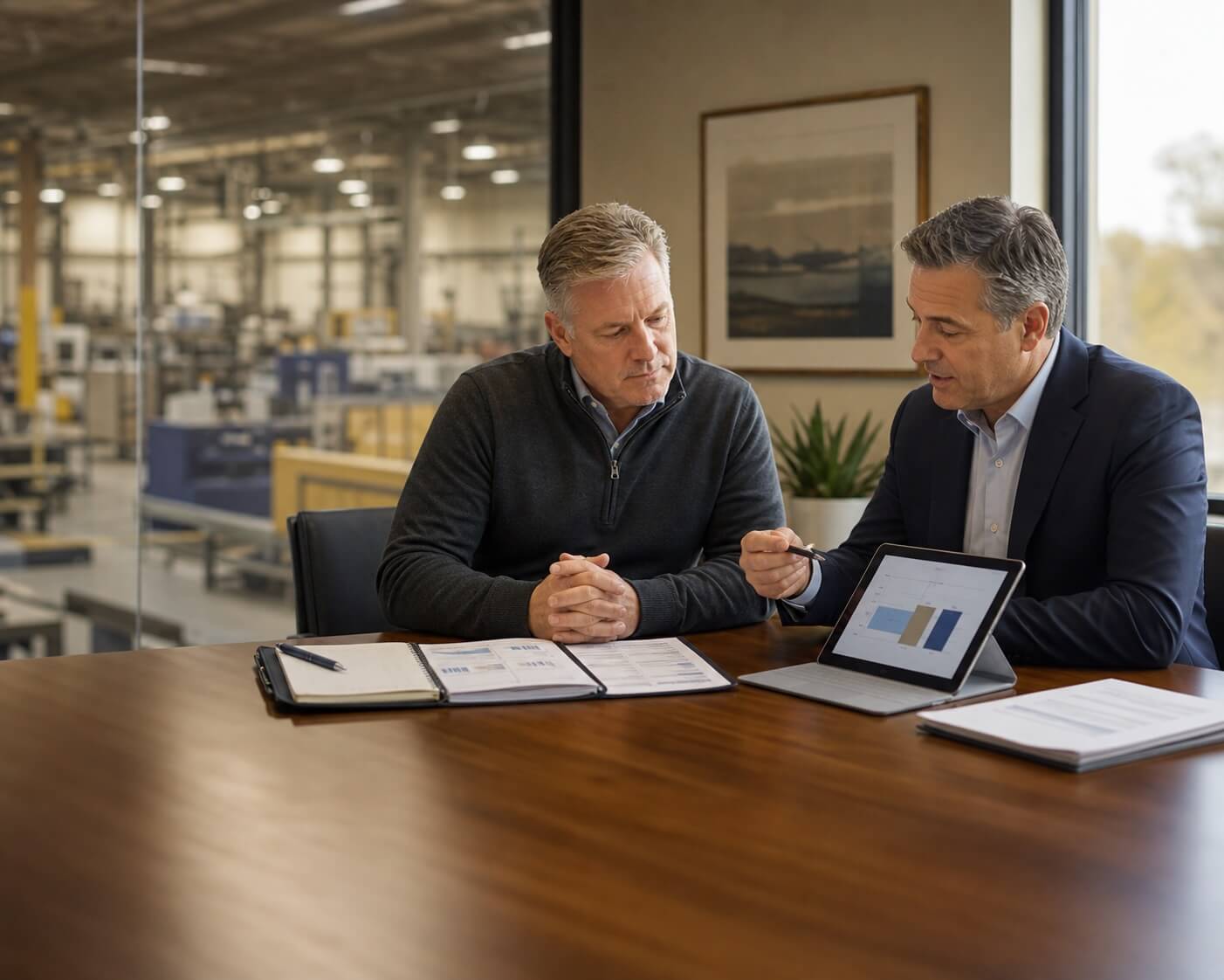M&A advisor discussing business valuation with an owner in a manufacturing office.