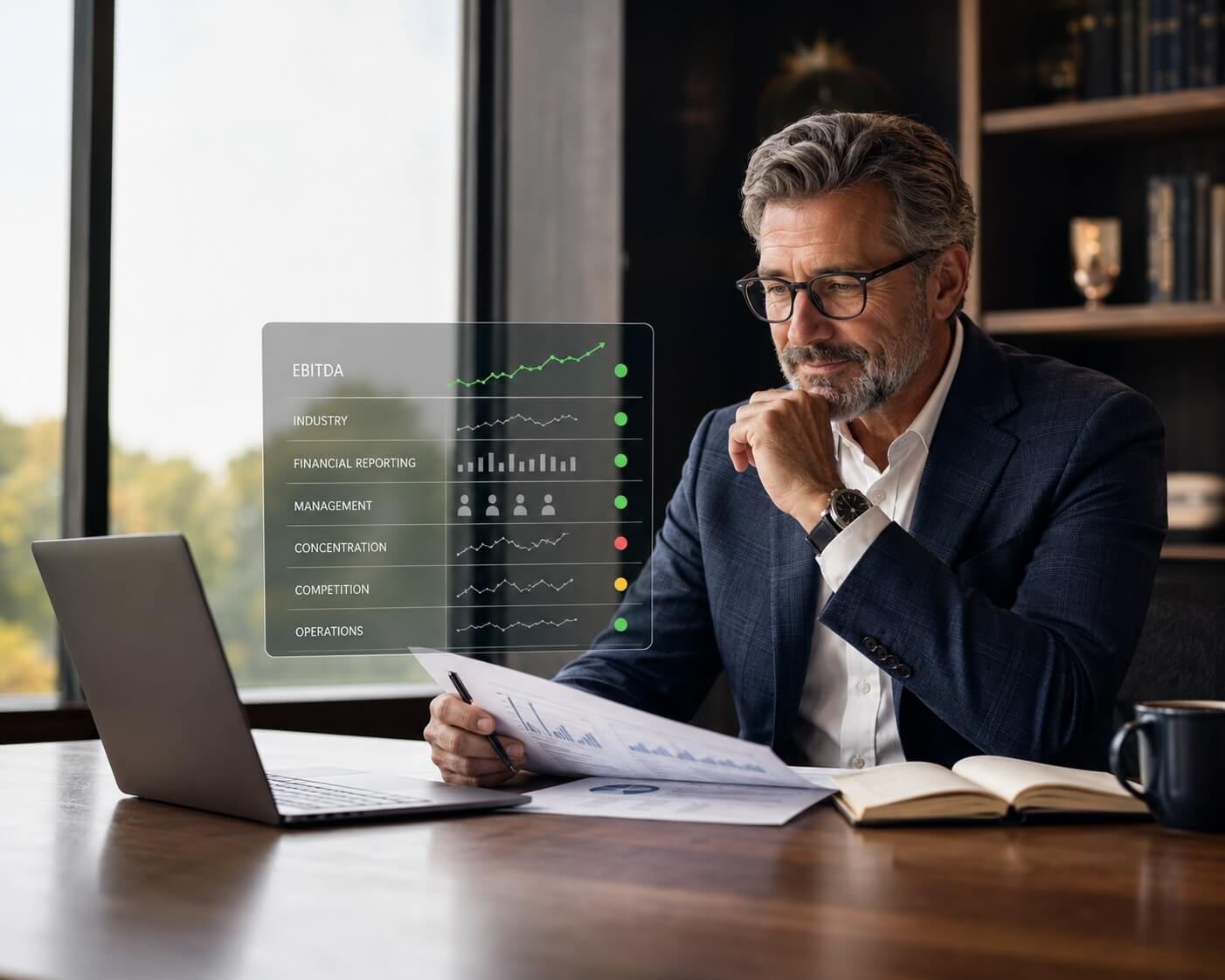 Advisor reviewing key value drivers for Is My Business Ready to Sell? with financial reports.
