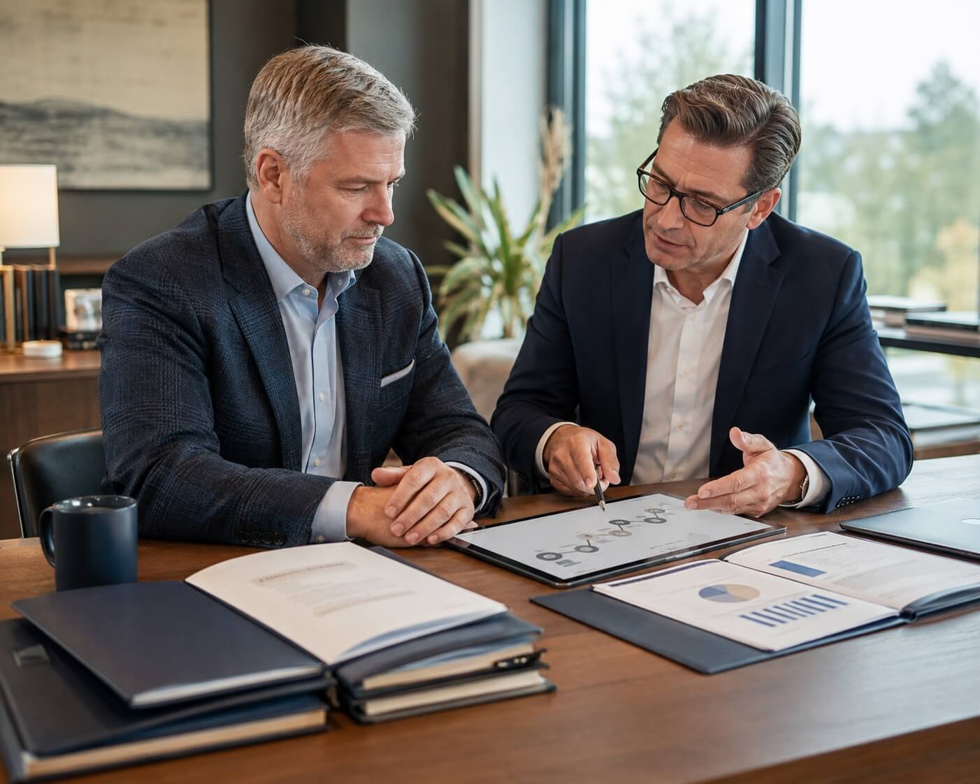 Mergers and Acquisitions Advisor reviewing deal strategy and financial reports with a business owner.