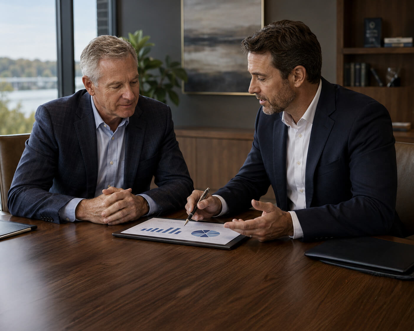 M&A advisor reviewing financial reports with a client during the Selling Your Business process.